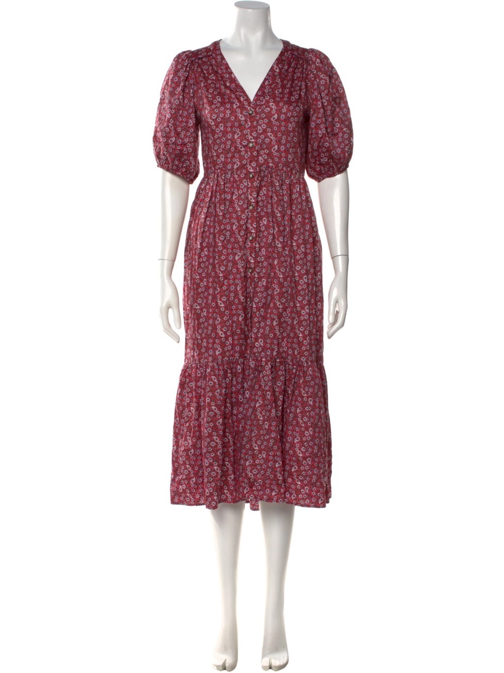 XiRENA Burgundy Floral Puff-Sleeve Midi Dress